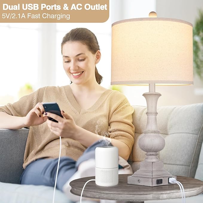 26" Farmhouse Table Lamps Set of 2, Rustic Touch Control Bedside Lamps with 2 USB Ports & AC Outlet, Vintage Resin 3-Way Dimmable Nightstand Lamp Linen Fabric Shade for Living Room Bedroom Decor Gray - Bloomnest