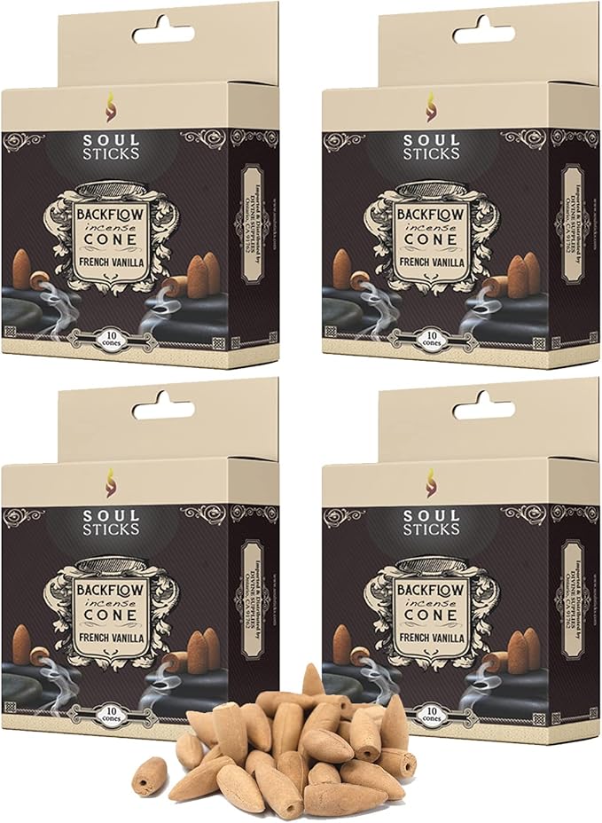 Soul Sticks Backflow Incense Cones – 40 Handmade Organic Cones for Waterfall Burner | 4 Pack Long Lasting Aromatic Scents | Thick White Smoke Incense for Meditation, Yoga & Gifts (French Vanilla)