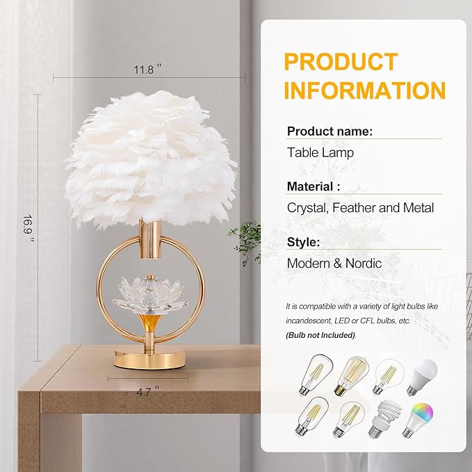 ZYLEIESENBAO Chic White Feather Lamp 17IN Modern Crystal Fluffy Table Lamp Cute Romantic Bedside Nightstand Light Nordic Furry Desk Lamp for Girl Bedroom Living Room Entry Office Hotel Party Wedding - Bloomnest