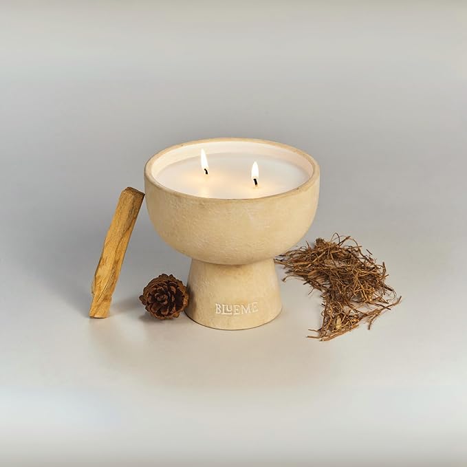 BLUEME Spiritual-Palo Santo & Vetiver, 2 Wick, Refillable Wellness Candle, Contains Essential Oil, Sustainable, Hand Finished, Hand Poured, Premium, Luxury Ceramic, Natural Cotton Wick, Soy-Wax Blend - Bloomnest