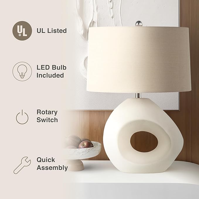 Abani Table Lamp Iris Sculptural 23” – Modern Organic Cream Ceramic Open-Circle Base with Grey Linen Shade – E26 Bulb Included – Stylish Desk Lamp for Bedroom, Living Room Lamp, Dorm or Nightstand - Bloomnest