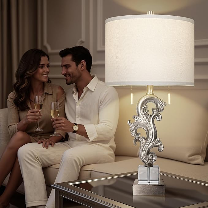 Scenekoy Table Lamp Set of 2 with USB Ports, Pull Chains Switch, 27” Silver Leaf Sculptural Bedside Lamps with Linen Shade for Living Room Bedroom, Nightstand Lamps for Home Room Decor - Bloomnest