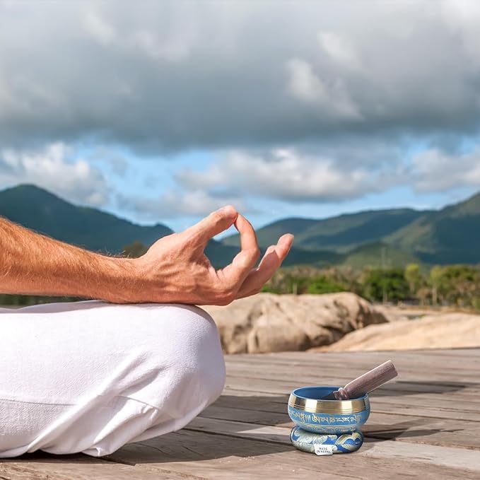 Kmise Tibetan Singing Bowls Set- Handmade in Nepal Meditation Sound Bowls for Yoga, Meditation, Mindfulness, Healing and Chakra Balancing, Stress Relief (3.5', Blue) - Bloomnest