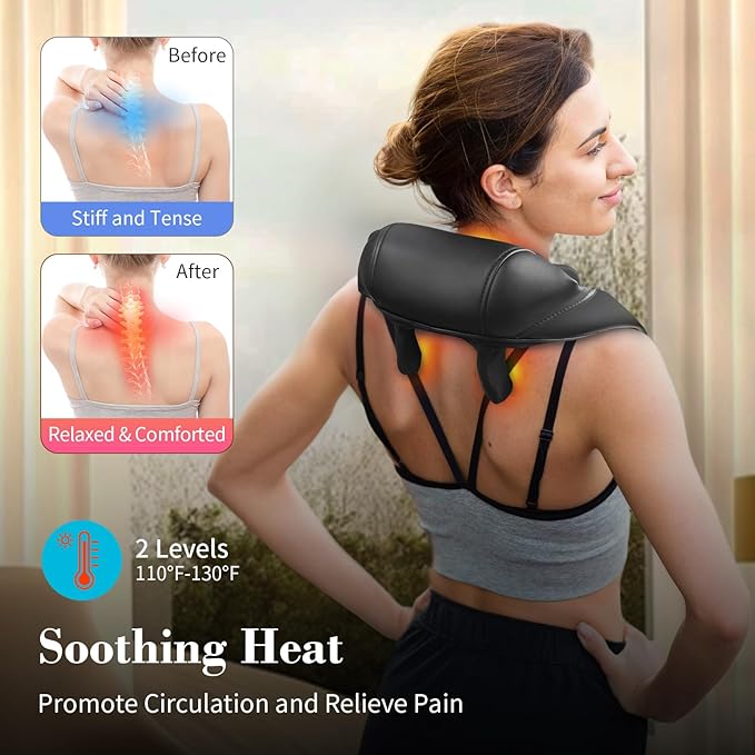 Shiatsu Neck Massager with Heat - Ideal Gifts for Her,Him,4D Cordless Deep Tissue Kneading Massage for Pain Relief,Rechargeable Massage for Neck,Shoulder,Traps and Back - Bloomnest