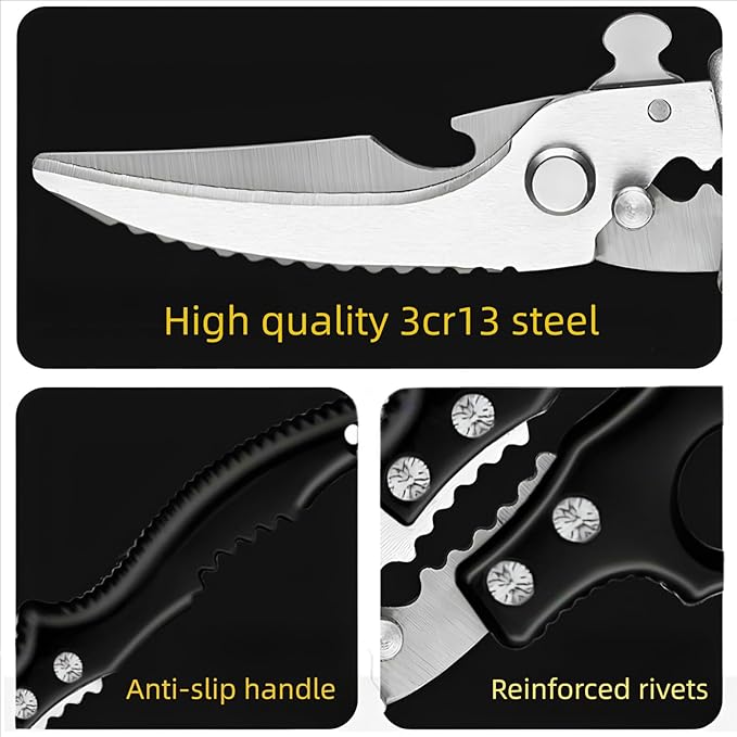 Kitchen Scissors Stainless Steel Shear, Safety Lock, Sharp Heavy Duty Poultry Shears for Food, Chicken Bones, Turkey, Dishwasher Safe, 9.33 Inch, Black - Bloomnest