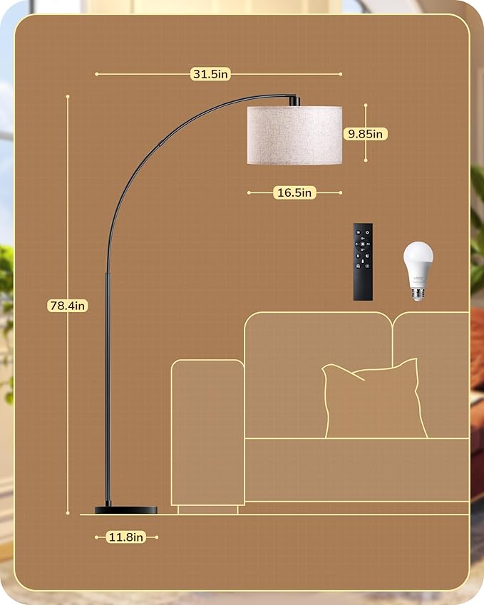 EDISHINE 78.3″ Modern Arc Floor Lamp with Remote, Tall Black Standing Lamp with Stepless Dimmable Bulb & 5 Color Temperature, Curved Mid Century Floor Lamps for Living Room, Bedroom, Nursey - Bloomnest