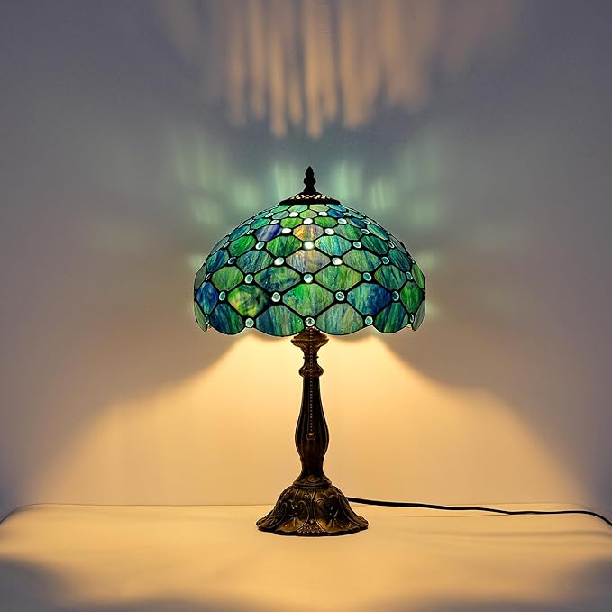 Tiffany Style Table Lamp Vintage Stained Glass Desk Lamp Sea Blue Pearls Bedside Reading Light Decor Bedroom Living Room Entry Home Office D12 xH18 - Bloomnest