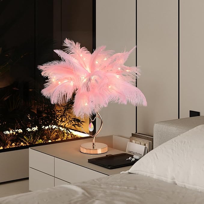 Pink Ostrich Feather Lamp Creative Furry Bedside Lamp Romantic Feather Table Lamp Fluffy Nightstand Light for Girl Bedroom Wedding Decor Valentines Dating Livingroom Hotel Office Christmas - Bloomnest