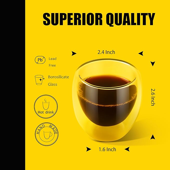 PunPun Glass Cups 2.7oz. 80ml Espresso Coffee Cups, Demitasse Cups Double Walled Clear Insulated,Shot Glass Set of 4 - Bloomnest