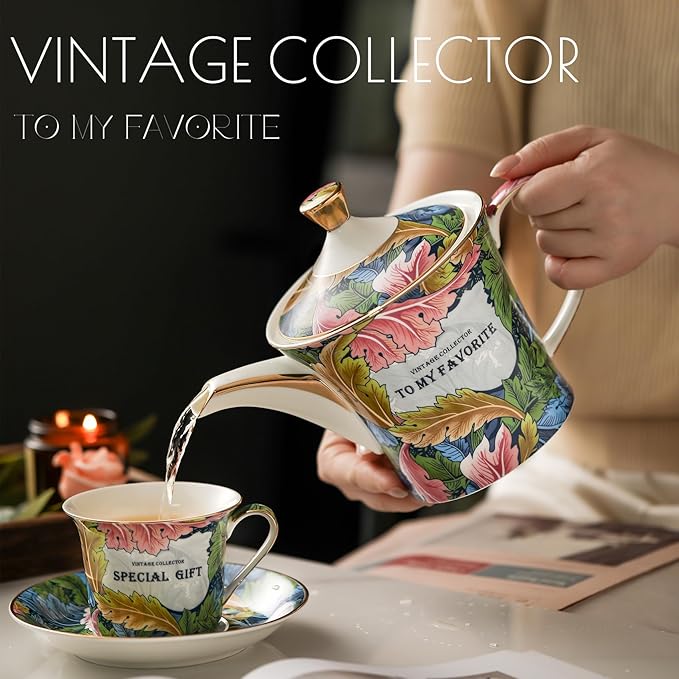 ACMLIFE Tea Cup and Saucer Set for 1, Vintage Floral Bone China Tea Cup Set with Saucer 24K Gold, Porcelain Tea Cup with Spoon and Gift Box, 6.8 oz (Green) - Bloomnest