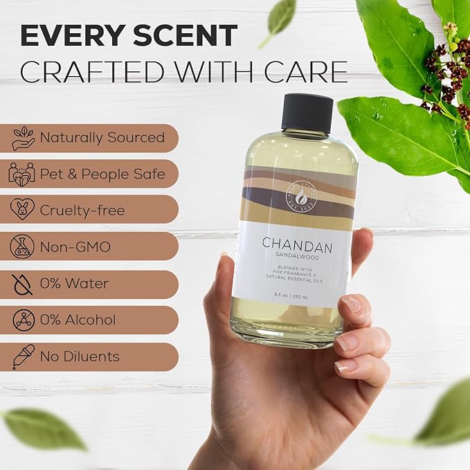 Aroma Country Chandan Diffuser Oil - Luxury Essential Oils for Diffuser Refill & Air Freshener Room Spray - Long-Lasting & Natural Home Fragrance, Sandalwood Scented Oil for Diffusers (8.5 Fl. oz) AromaCountry