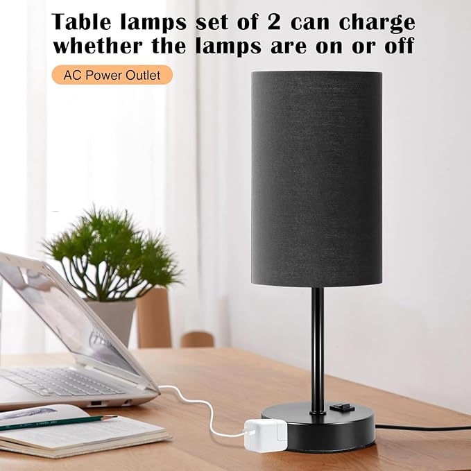 ZJOJO Table Lamp for Bedroom Set of 2, Bedside Small Lamps with 3 Way Dimmable Rocker Switch and AC Outlet, Nightstand Desk Lamp with Black Fabric Shade Black Base for Living Room Home Decor Lights - Bloomnest