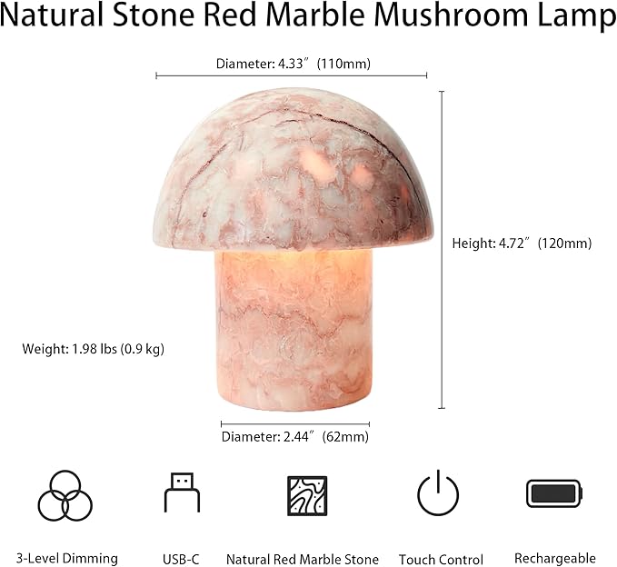 Marble Mushroom Table Lamp - Small Rechargeable USB-C Cordless Touch-Dimmable Night Light, Hand-Polished Natural Stone, 4.3"x4.7" - Bloomnest