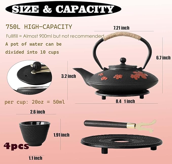 Cast Iron Teapot Set with Gift Pakckage, Pear Flower Tea Pot, Japanese Style Tetsubin Tea Gift Set, 4 Cups, Trivet and Lid Holder