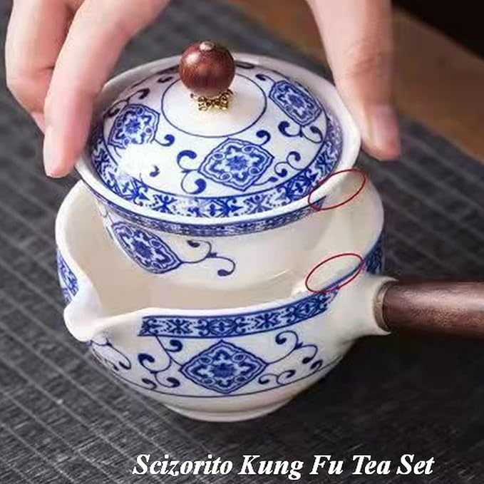 Ceramic Portable Travel Tea Set, Chinese Kungfu Tea Set with 360 Rotation Teapot and Infuser, 4 Tea Cups, Tea Tray And Travel Bag (Pattern White)