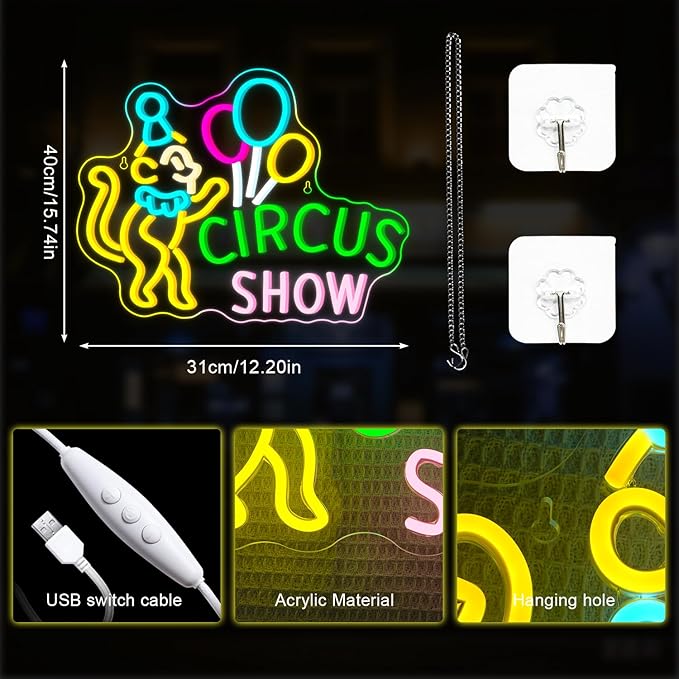 Lucunstar Monkey Neon Sign LED Circus Sign with Clown and Balloons for Theme Park LED Carnival Decor for Play Restaurant College Room Neon light Animal Gifts for Circus Fans Teens - Bloomnest