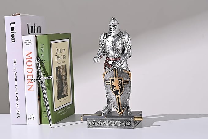 King's Guard Ornament Knight Statue for Desk, Desktop Accessories Pen Holder Pen Stand Paperweight for Office and Home (Silver)