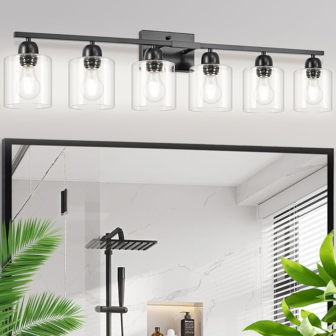 Modern 6 Light Bathroom Light Fixtures,38 inch Vanity Lights for Bathroom with Clear Glass, Black Vanity Light for Mirror Kitchen Living Room Hallway Cabinet Porch - Bloomnest