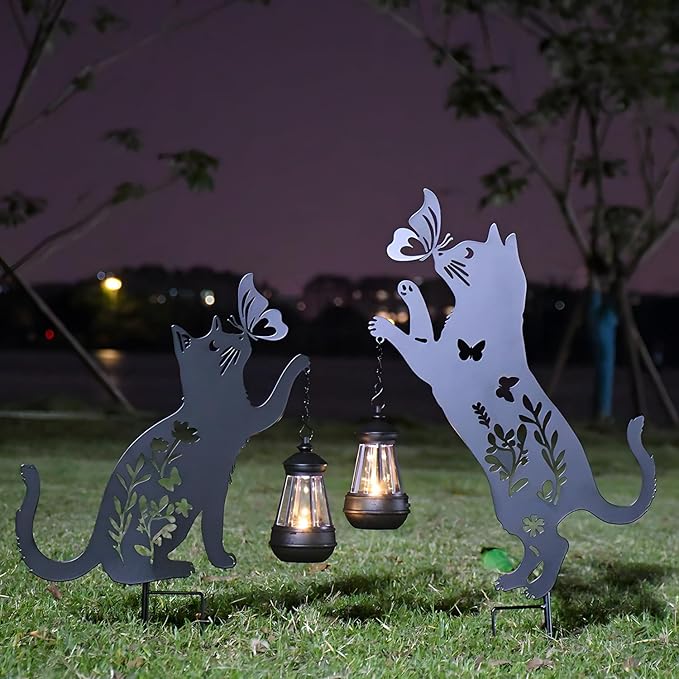 Solar-Powered Black 2-Pack Cats Garden Decor Stakes - Metal Silhouette Figurine for Outdoor Yard, Lawn, and Patio Decoration - Bloomnest