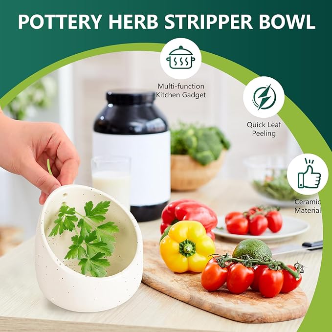 Pottery Herb Stripper Bowl, Handmade Ceramic Herb Peeling Bowl, for Separating Leaves and Stems (White) - Bloomnest