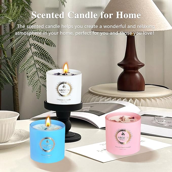 3 Pack Scented Candles Gift Set for Women, Birthday Gifts for Women, Valentines Day for her, Mothers Day Gifts, Candles for Home Scented of Lavender, Ocean Breeze & Rose Sandalwood - Bloomnest