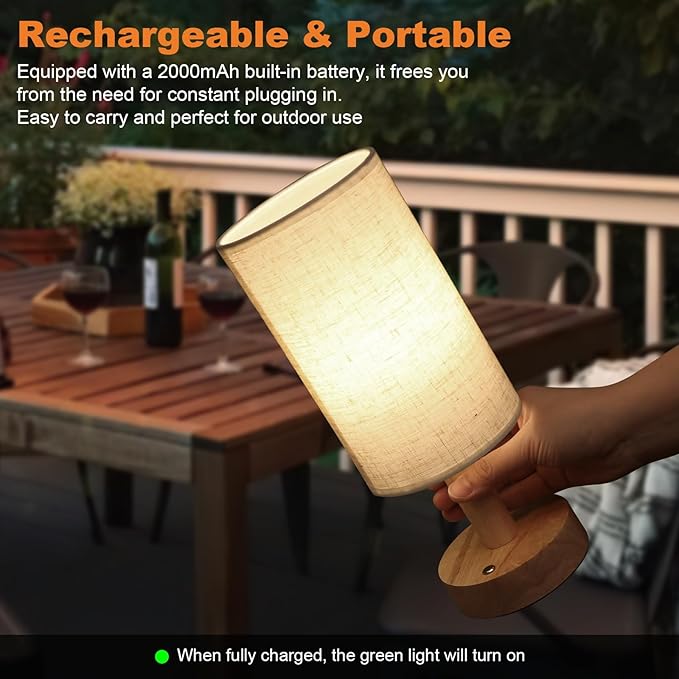 Rechargeable Cordless Touch Table Lamp with Stepless Dimming,Natural Wood Base&Linen Shade,Small Battery Wireless Ambient Night Light for Bedroom,Bedside,Nightstand,Nursery,Kitchen,Camping,Outdoor - Bloomnest
