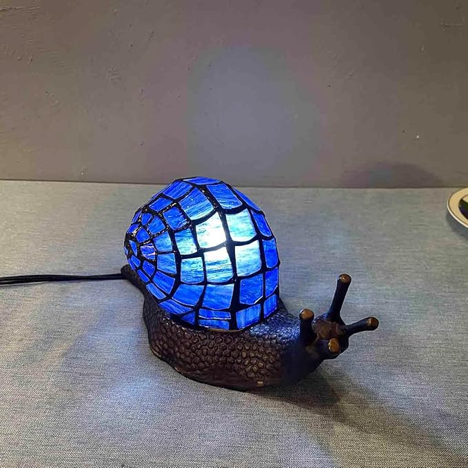 Bieye L10983 Land Snail Tiffany Style Stained Glass Accent Table Lamp for Home Decoration (Blue, 10" D x 5" W x 5" H) - Bloomnest