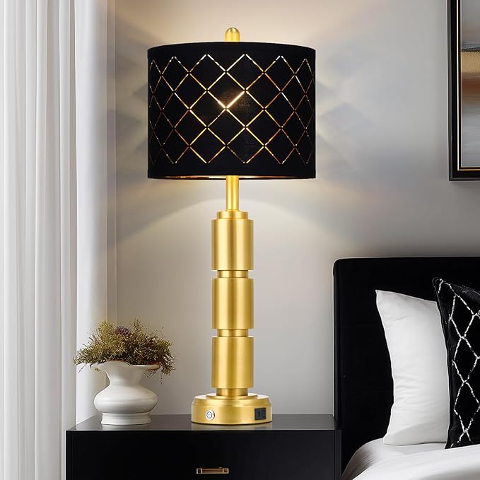 Set of 2 Modern Table Lamps for Living Room Bedroom,29" Tall Bedside Lamp with 2 USB Port,Gold Metal Touch Nightstand Lamp with Black Grid Shade for End Table Entryway,Gold - Bloomnest