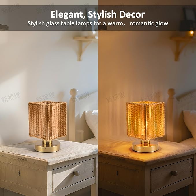 Rattan Table Lamp, 6000mah Battery Operated Table Lamp, Boho Small Desk Lamp, 3 Brightness Dimming for Bedroom Living Room Kids Room Touch Switch, Bulb Included - Bloomnest