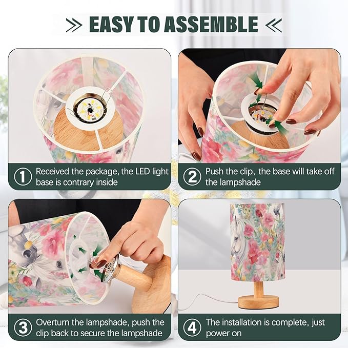 Bedside Lamp White Horse Pink Flower Table Lamp with USB Port Wood Base for Living, 5.12x9.7in/13x24.7cm, 214B3018 - Bloomnest