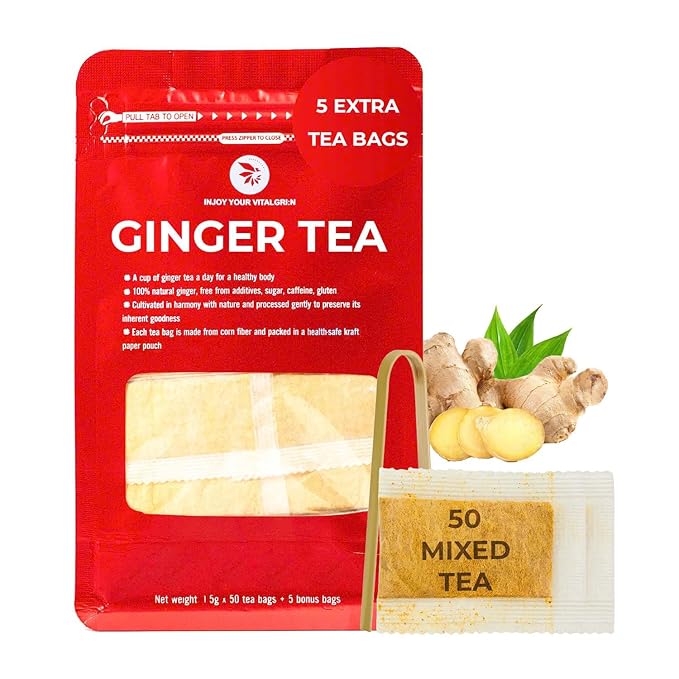 Ginger Tea Bags - 55 Count (+5 Tea Bags) Bamboo Tong Included - 4.16 oz, Re-Steep Herbal Tea Blend, Stimulates Appetite, Promotes Healthy Digestion & Boosts Immunity - Bloomnest