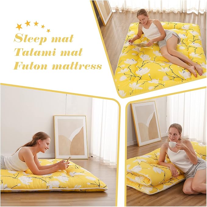 Japanese Floor Mattress, Futon Mattress with Portable Storage Bag and Washable Cover, Roll Up Thick Tatami Mat Suitable for Camping, Guest Room, Yellow Flower, Queen - Bloomnest