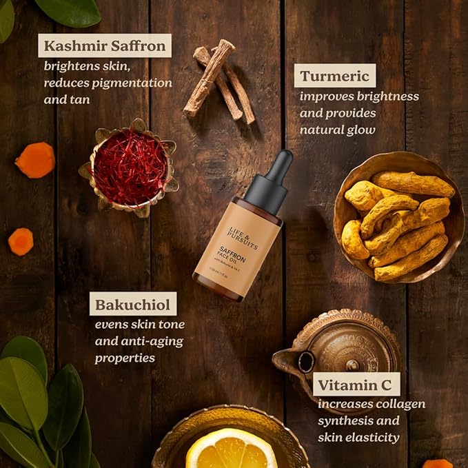 Life & Pursuits Saffron Face Oil 1 Fl Oz with Kashmir Saffron, Bakuchi, Vitamin C for Face Brightening, Moisturizing, Dark Spots, Fine Lines, Wrinkles. Lightweight Daily Face Massage oil | Anti-Aging - Bloomnest