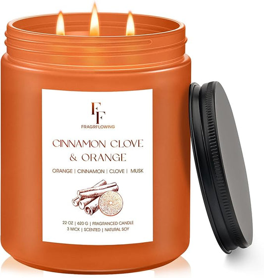 Large Fall Candle Cinnamon Clove Scented, 3-Wick 22oz Long Lasting Scented Candle, Natural Soy Wax Aromatherapy Candle for Home, Autumn Candle Gifts for Women Men - Bloomnest