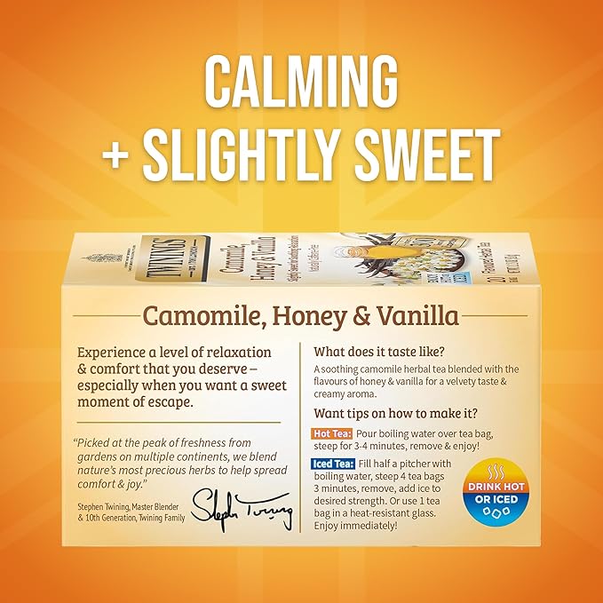 Twinings Camomile, Honey & Vanilla Herbal Tea Individually Wrapped Bags, 20 Count (Pack of 6), Naturally Caffeine-Free, Enjoy Hot or Iced, 120 Teabags - Bloomnest