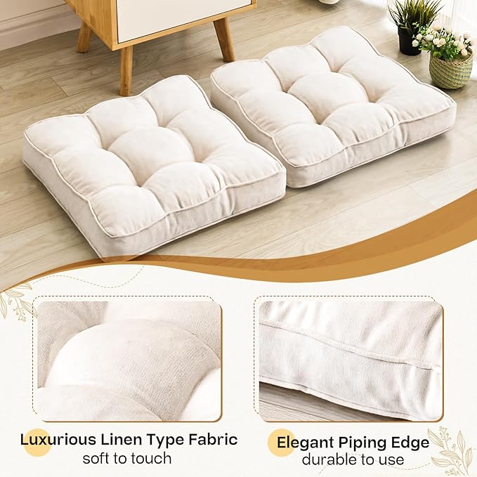 Floor Pillow Set of 2, Memory Foam Floor Cushions for Adults, Large Square Meditation Pillow for Sitting, 22 x 22 Inches (Square | Beige)