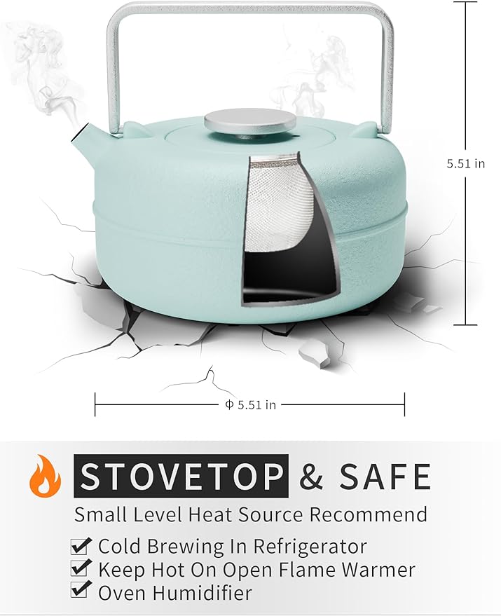 Toptier Teapot with Removable Infuser, Cast Iron Tea Kettle Stovetop Safe, Solid Geometry Cylinder Design Tea Pot Coated with Enameled Interior for 27 Ounce (800 ml), Babyblue - Bloomnest