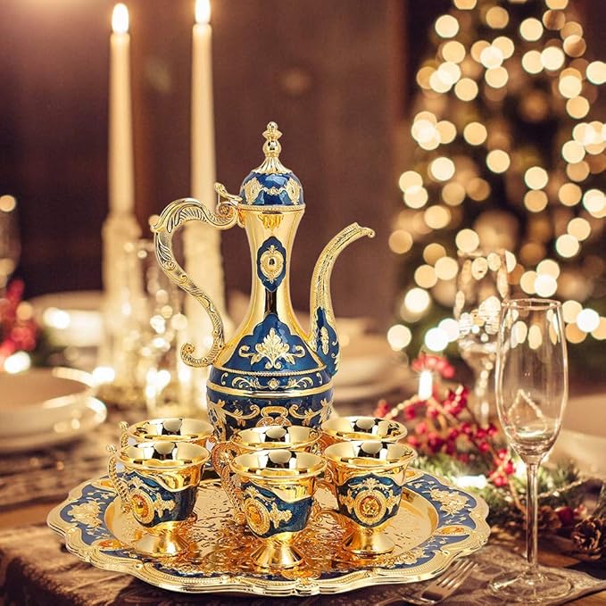 Alvinlite Small Vintage Turkish Coffee Pot Set, Turkish Tea Set with 6 Coffee Cups, Golden Wine Decanter and Glasses Set, Turkish Copper Coffee Cup Set for Home Tea Party 40ml/Cup(Blue) - Bloomnest