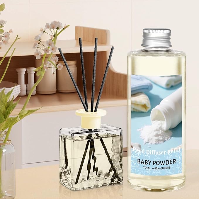 STRN Reed Diffuser Refill, Baby Powder Scented Reed Diffuser Set, 200ml with Sticks, Long-Lasting Aromatherapy, Home Fragrance for Bedroom, Spa, Bathroom, Office - Bloomnest