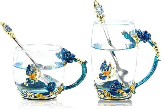 1 Set Coffee Cup Tea Mug with Spoon Set Handmade Enamel Butterfly Flower for Women Man，Father's Day, Mother's Day, Valentine's Day gifts (2 Pack)