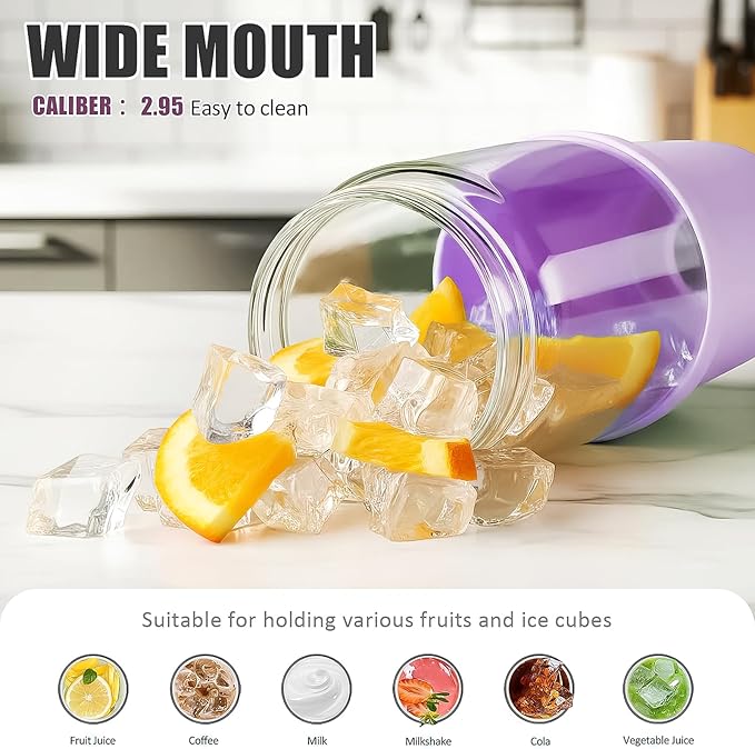Glass Tumbler with Carry Handle, Clear Glass Water Bottle with Leakproof Lid, Spout Lid&Straw, BPA-Free, 32 oz, Lilac - Bloomnest