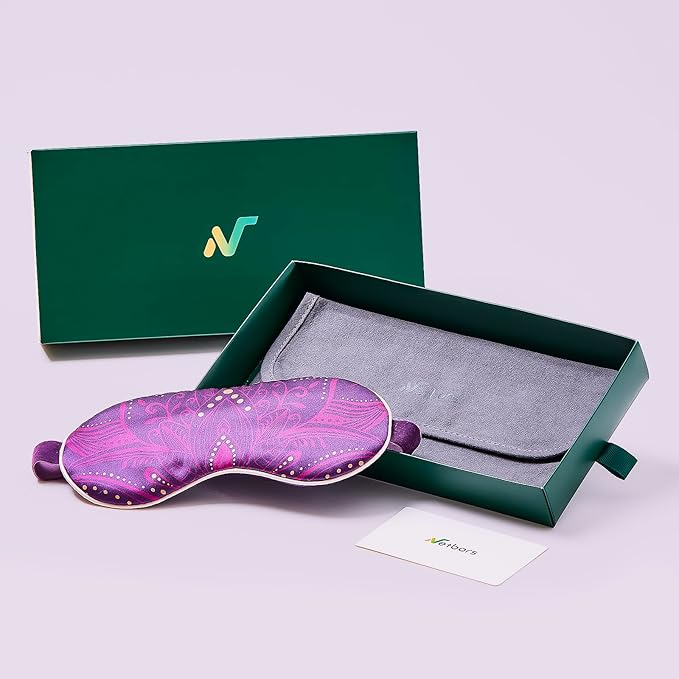 22mm Mulberry Silk Beauty Sleep Mask with Velvet Band & Travel Pouch, Light Blocking, Hair & Skin Friendly, Purple Lotus Totem Print, Gift Packaging - Bloomnest