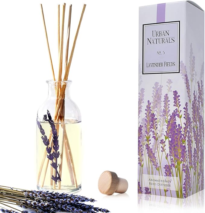Urban Naturals Lavender Fields Oil Essential Oil Reed Diffuser Set with Real Lavender Stems! French Blossoms, Geranium & Clary Sage | #1 Gift Idea for Aromatherapy & Stress Relief | Vegan | USA Made - Bloomnest