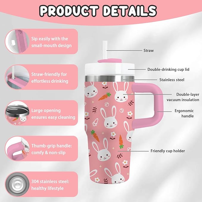 Rabbit Gifts for Kids - 14 Oz Pink Kids Tumbler with Handle and Straw, Stainless Steel Insulated Tumbler, Sweatproof, for Sports, School, Travel - Bunny Lovers Children Birthday Gifts Cups(1pc) - Bloomnest