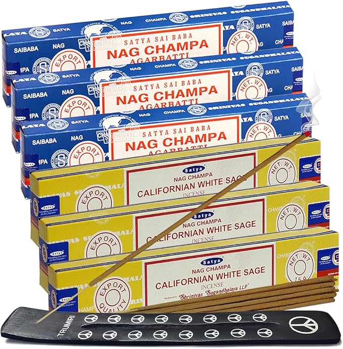Nag Champa White Sage Incense Sticks & Holder Bundle Variety Pack from House of Satya Incense Sticks and Trumiri TRUMIRI