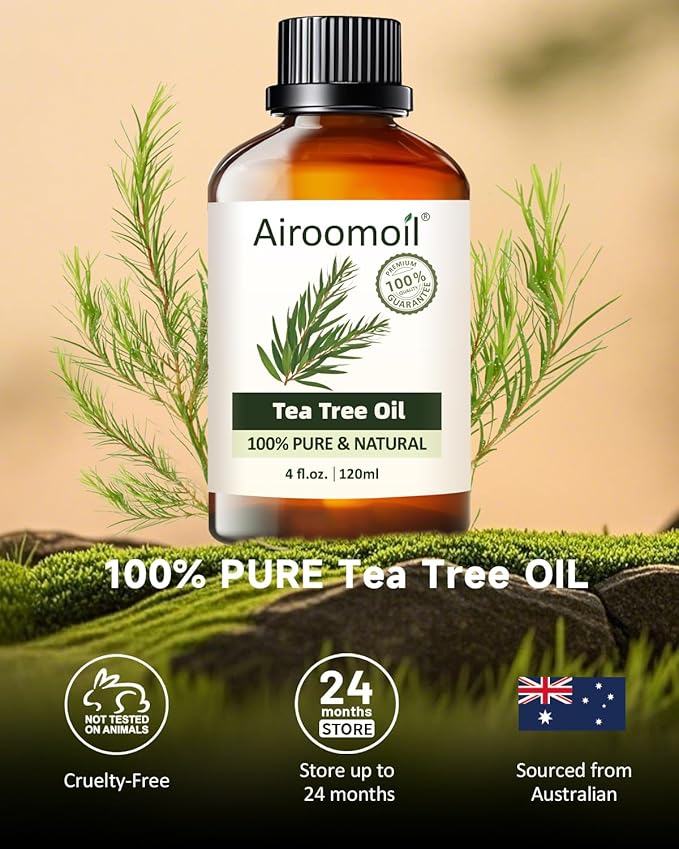 Tea Tree Essential Oil, 4 fl oz, 100% Pure Tea Tree Essential Oil Suitable for diffusers, Aromatherapy, Home Cleaning, Crafts, DIY Essential Oil Blending, and Everyday Household uses, Large Airoomoil