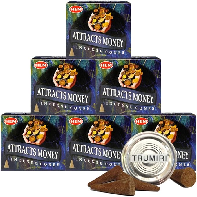 TRUMIRI Incense Cone Holder Bundle with Hem Attracts Money Incense Cones - Pack of 6 (Approx 60 Cones) TRUMIRI