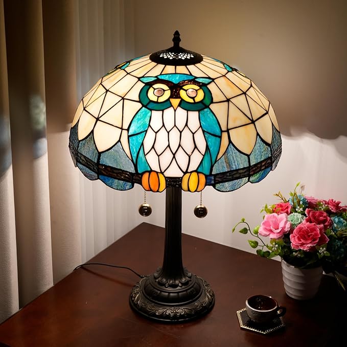 Tiffany Table Lamp Owl Animal Design Stained Glass Lamp 16 inch Handmade Large Desk Light Antique Beside Reading Lamp for Home Living Room Bedroom Office - Bloomnest
