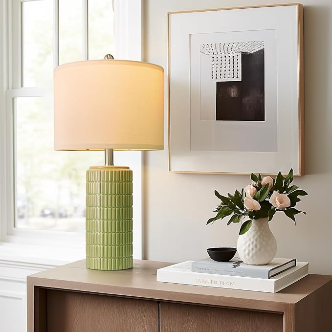 PoKat 23" Green Ceramic Table Lamps Set of 2, Farmhouse Table Lamps for Living Room, Modern Lamps for Bedroom Night Stands, Traditional Nightstand Desk Lamps, Medium - Bloomnest