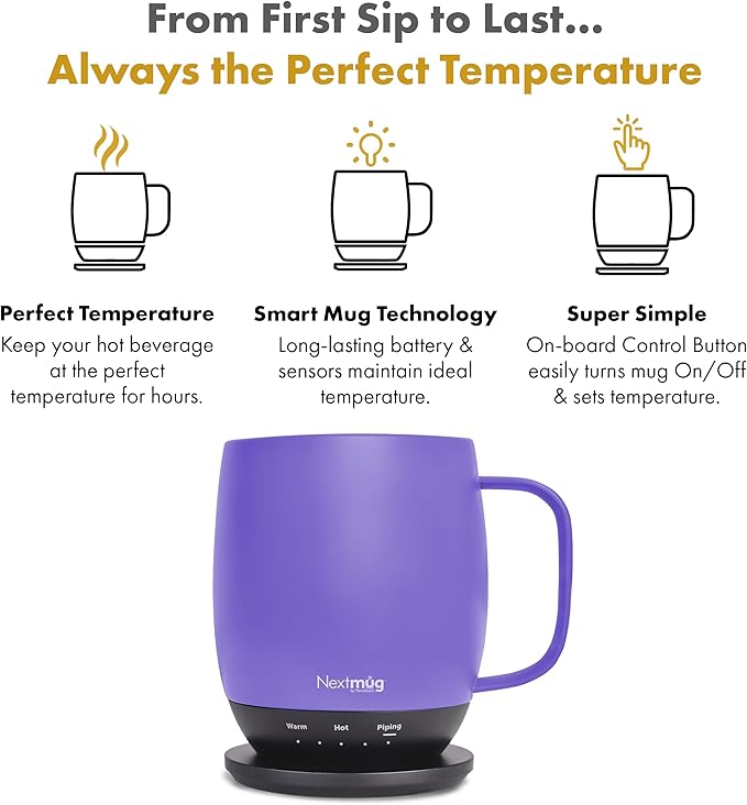 Nextmug - Temperature-Controlled, Self-Heating Coffee Mug (Violet - 14 oz.) - Bloomnest